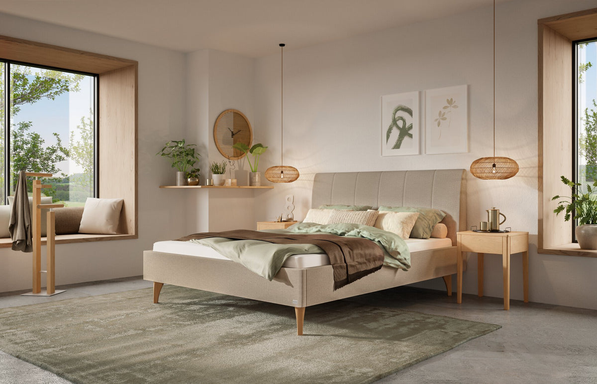 Hasena Elisa Polsterbett – 140 x 200 cm, Fusshöhe 25 cm, Eiche bright, geölt, Pace sand