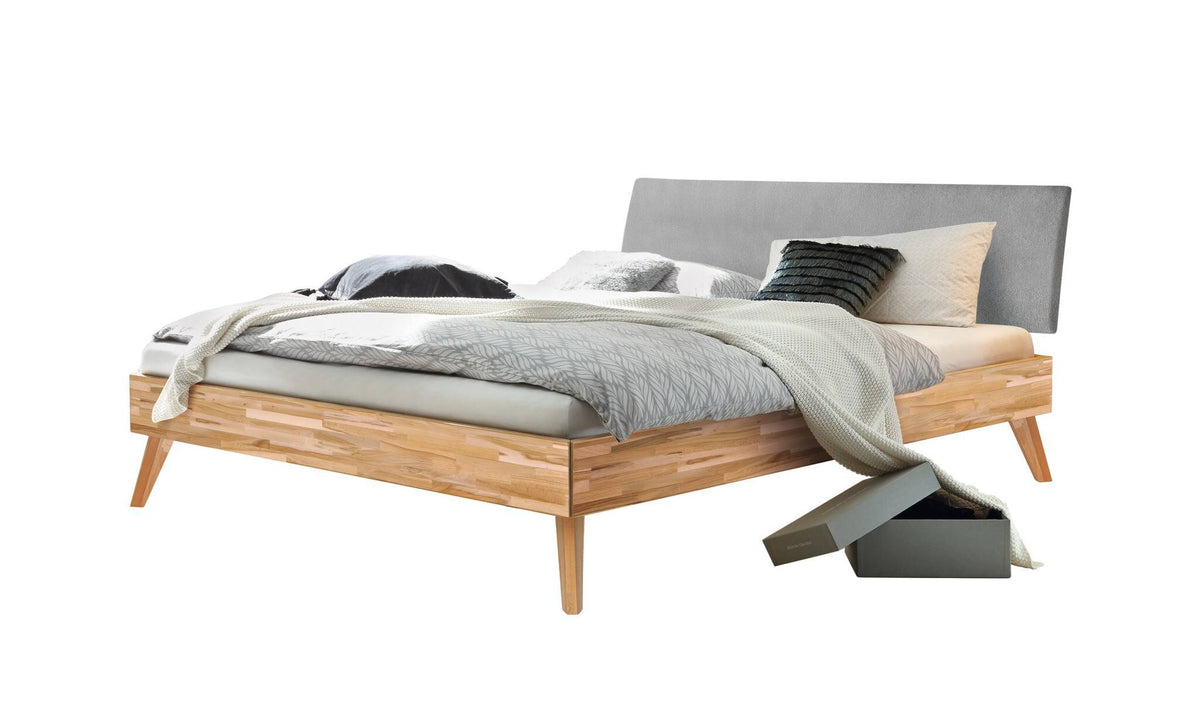 Hasena Pesaro Bett mit Polsterkopfteil – 90 x 200 cm, Fusshöhe 20 cm, Kernbuche natur, geölt, Pace light grey