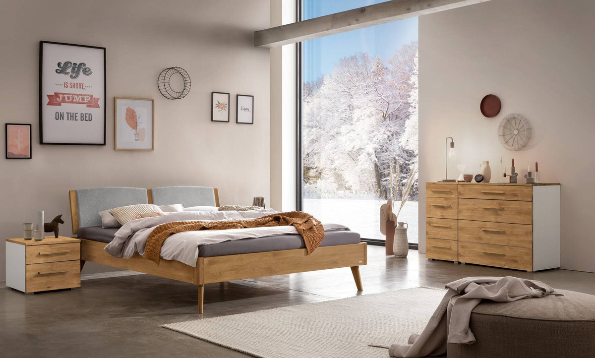 Hasena Fabro Bett mit Polsterkopfteil – 180 x 200 cm, Fusshöhe 20 cm, MDF weiss deckend, lackiert, 840-Pace light grey