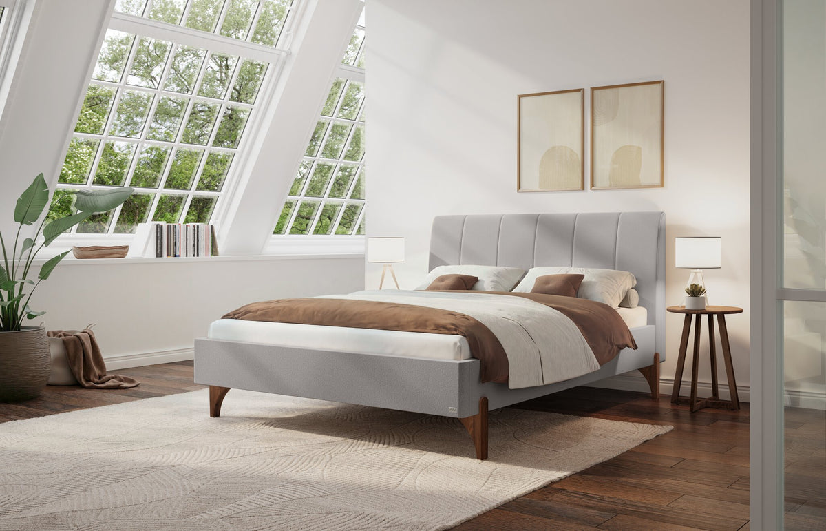 Hasena Renata Polsterbett – 140 x 200 cm, Fusshöhe 25 cm, Nussbaum, geölt, Pace light grey