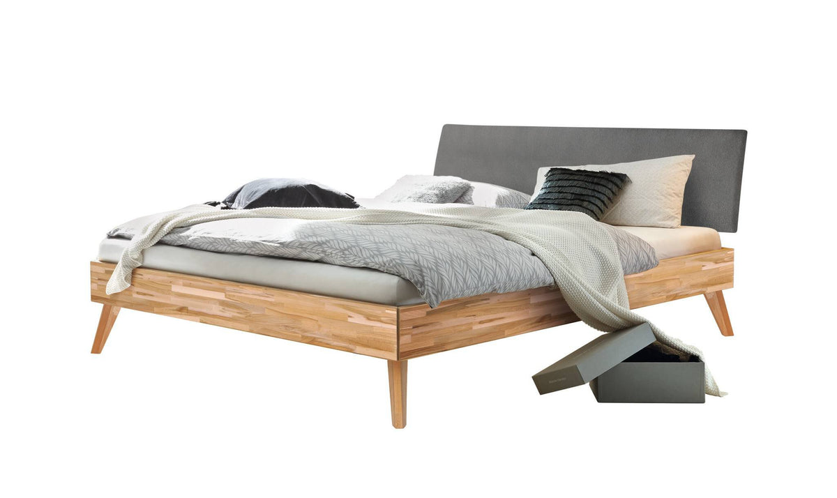 Hasena Pesaro Bett mit Polsterkopfteil – 90 x 200 cm, Fusshöhe 20 cm, Kernbuche natur, geölt, Pace grey