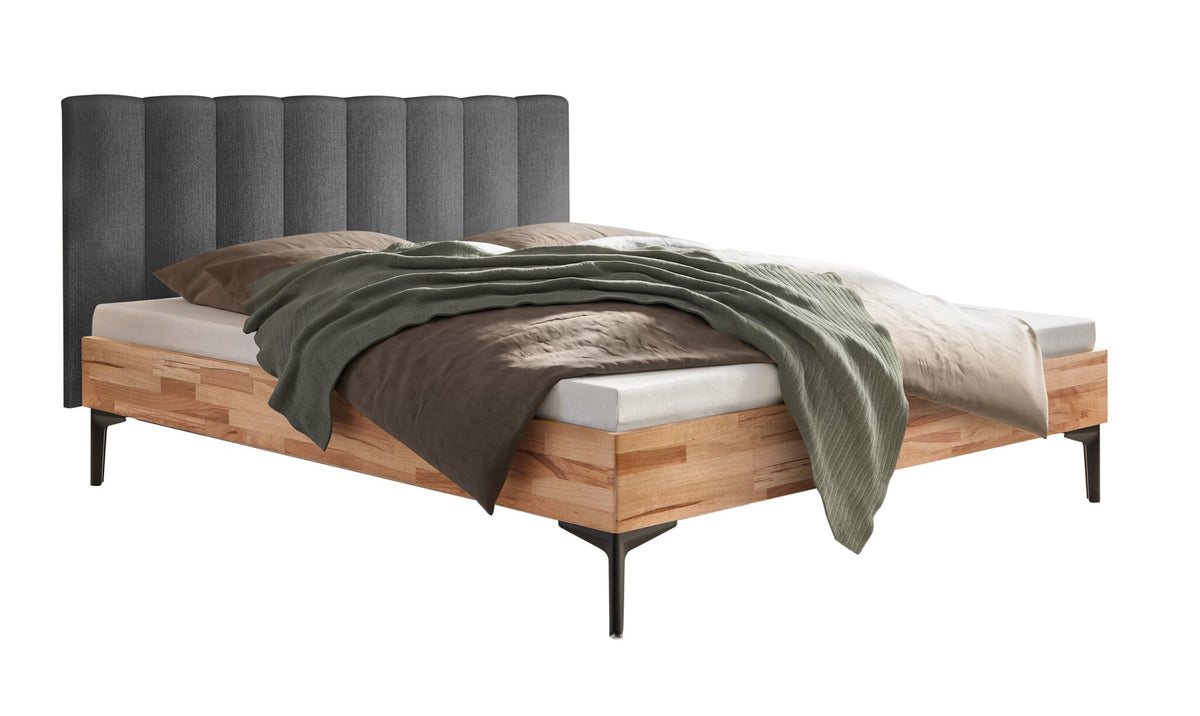 Hasena Donata Massivholzbett mit Polsterkopfteil – 140 x 200 cm, Fusshöhe 20 cm, Kernbuche natur, geölt, Pace grey