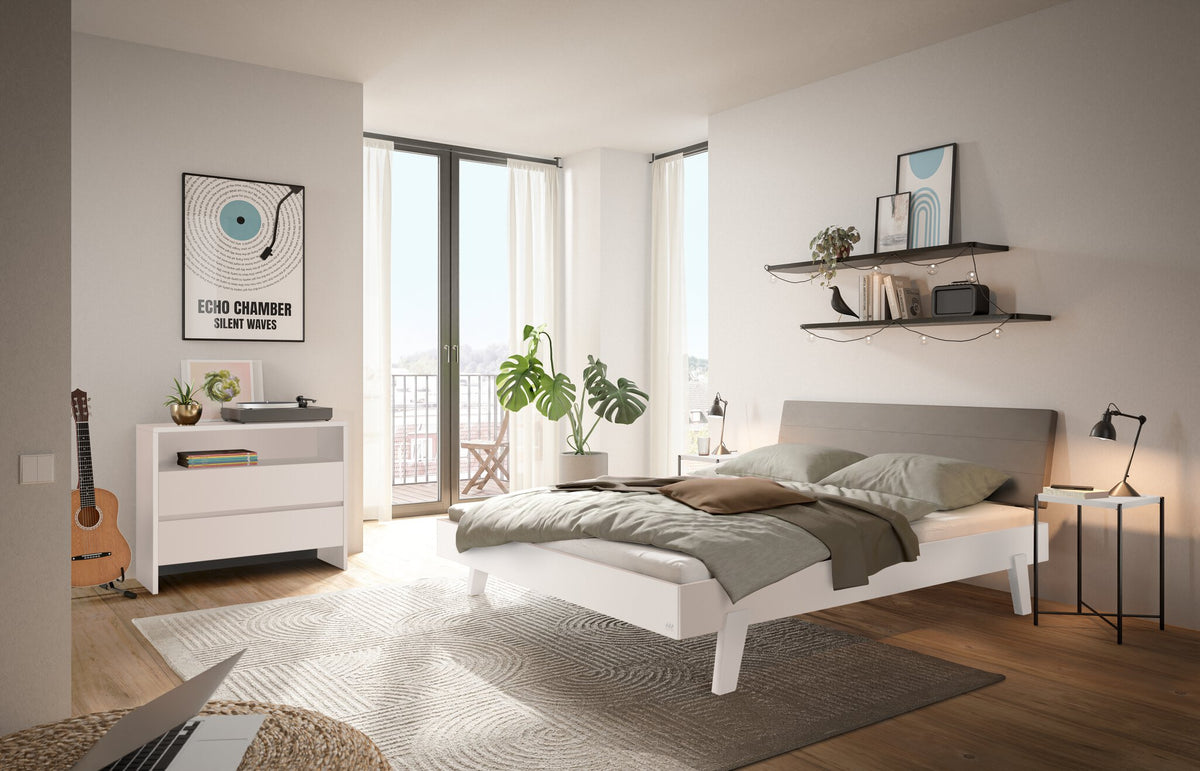 Hasena Vasto Bettgestell – 140 x 200 cm, Fusshöhe 25 cm, MDF weiss deckend, lackiert, Monet steel