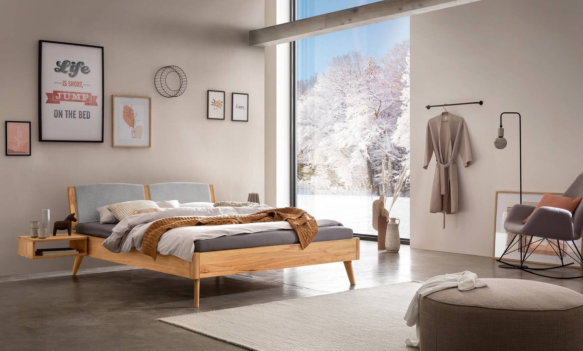 Hasena Fabro Bett mit Polsterkopfteil – 140 x 200 cm, Fusshöhe 25 cm, Wildbuche natur, geölt, 840-Pace light grey