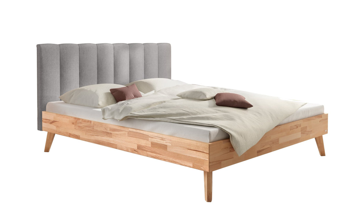 Hasena Taliana Massivholzbett mit Polsterkopfteil – 140 x 200 cm, Fusshöhe 20 cm, Kernbuche natur, geölt, Pace light grey