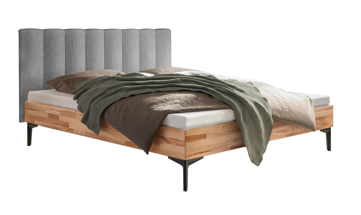 Hasena Donata Massivholzbett mit Polsterkopfteil – 140 x 200 cm, Fusshöhe 20 cm, Kernbuche natur, geölt, Pace light grey