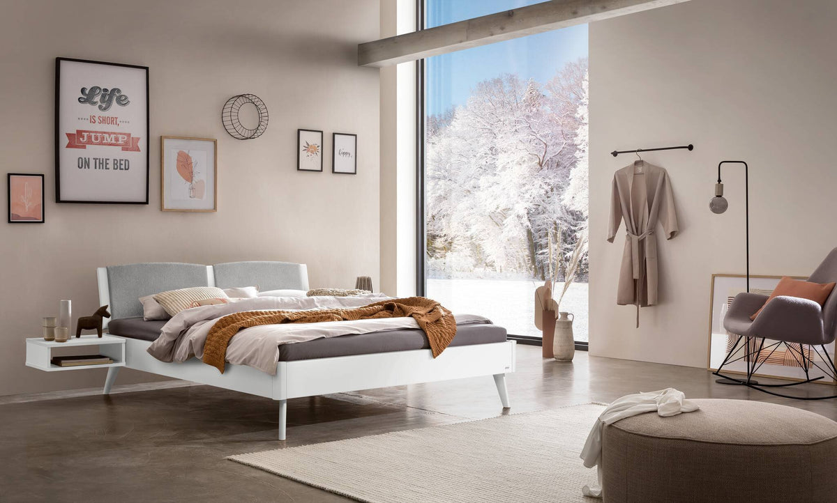 Hasena Fabro Bett mit Polsterkopfteil – 140 x 200 cm, Fusshöhe 25 cm, MDF weiss deckend, lackiert, 840-Pace light grey