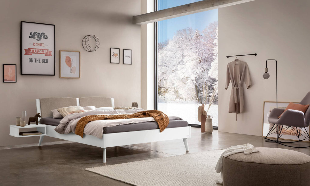 Hasena Fabro Bett mit Polsterkopfteil – 140 x 200 cm, Fusshöhe 25 cm, MDF weiss deckend, lackiert, 842-Pace sand