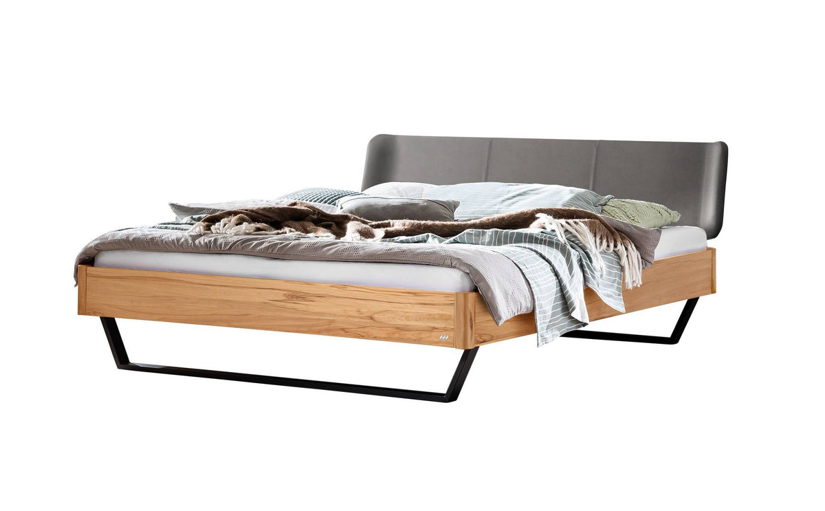Hasena Montieri Massivholzbett mit Polsterkopfteil – 140 x 200 cm, Fusshöhe 20 cm, Wildbuche natur, geölt, 835-Monet steel