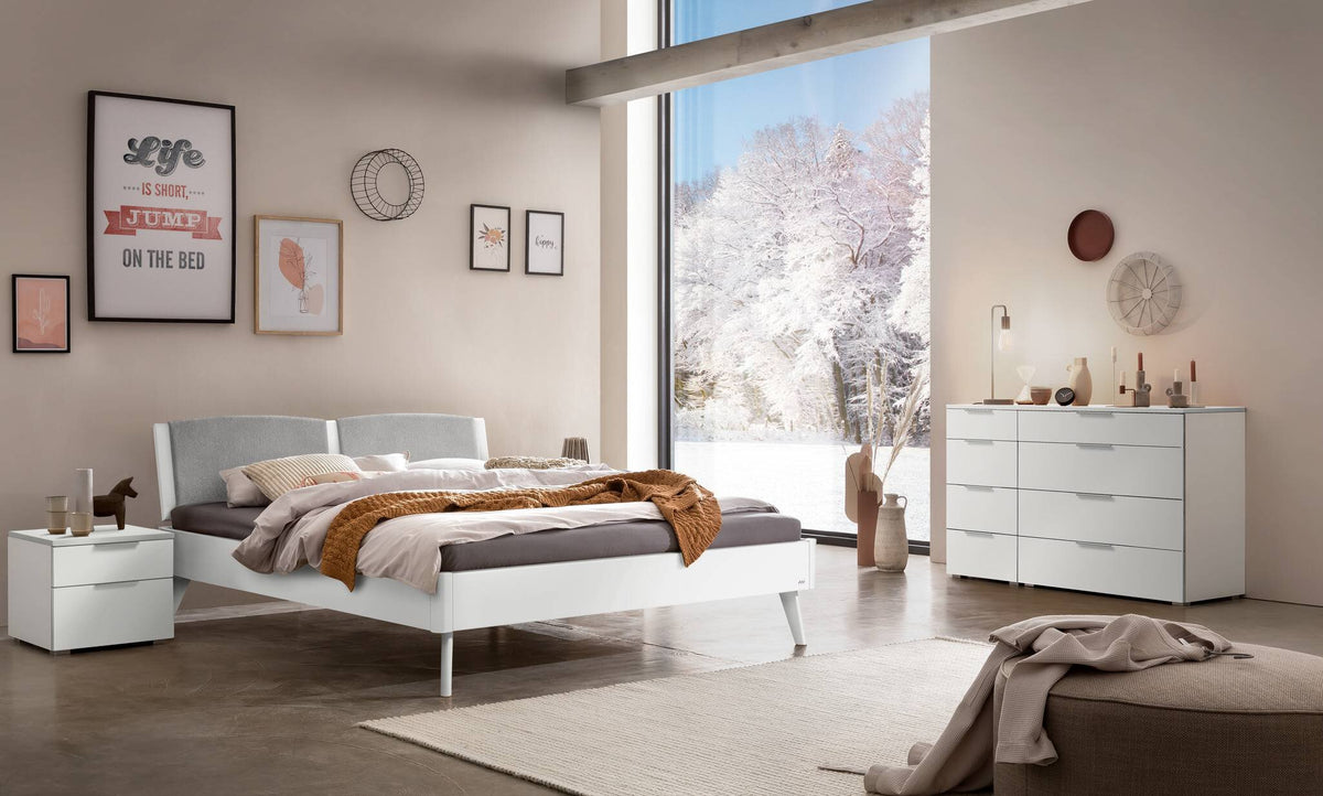 Hasena Fabro Bett mit Polsterkopfteil – 160 x 200 cm, Fusshöhe 20 cm, MDF weiss deckend, lackiert, 840-Pace light grey