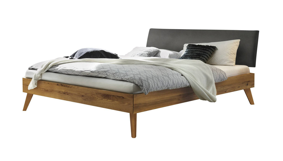 Hasena Pesaro Bett mit Polsterkopfteil – 90 x 200 cm, Fusshöhe 20 cm, Wildeiche natur, geölt, Monet steel