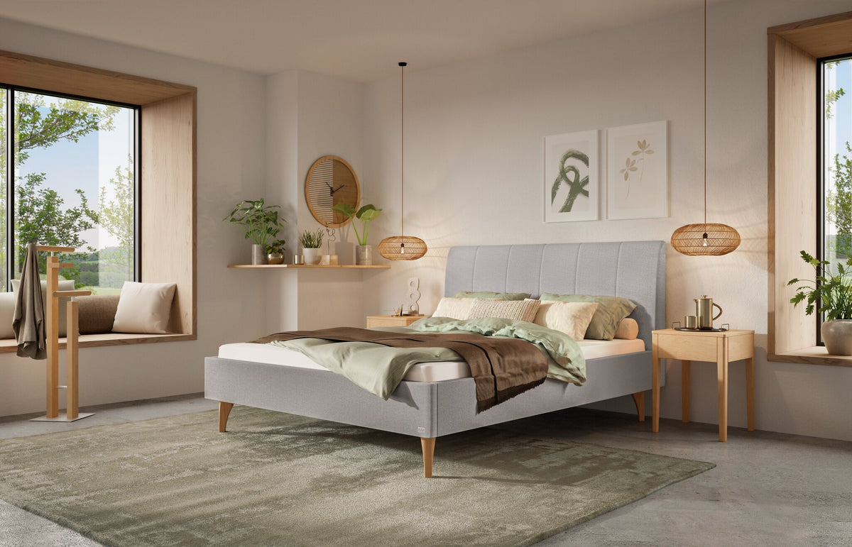 Hasena Elisa Polsterbett – 140 x 200 cm, Fusshöhe 25 cm, Eiche bright, geölt, Pace light grey