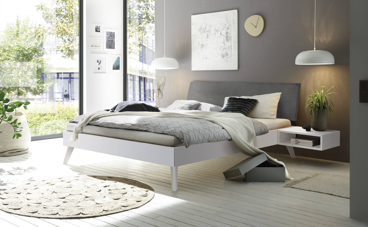 Hasena Pesaro Bett mit Polsterkopfteil – 90 x 200 cm, Fusshöhe 25 cm, MDF weiss deckend, lackiert, Pace grey