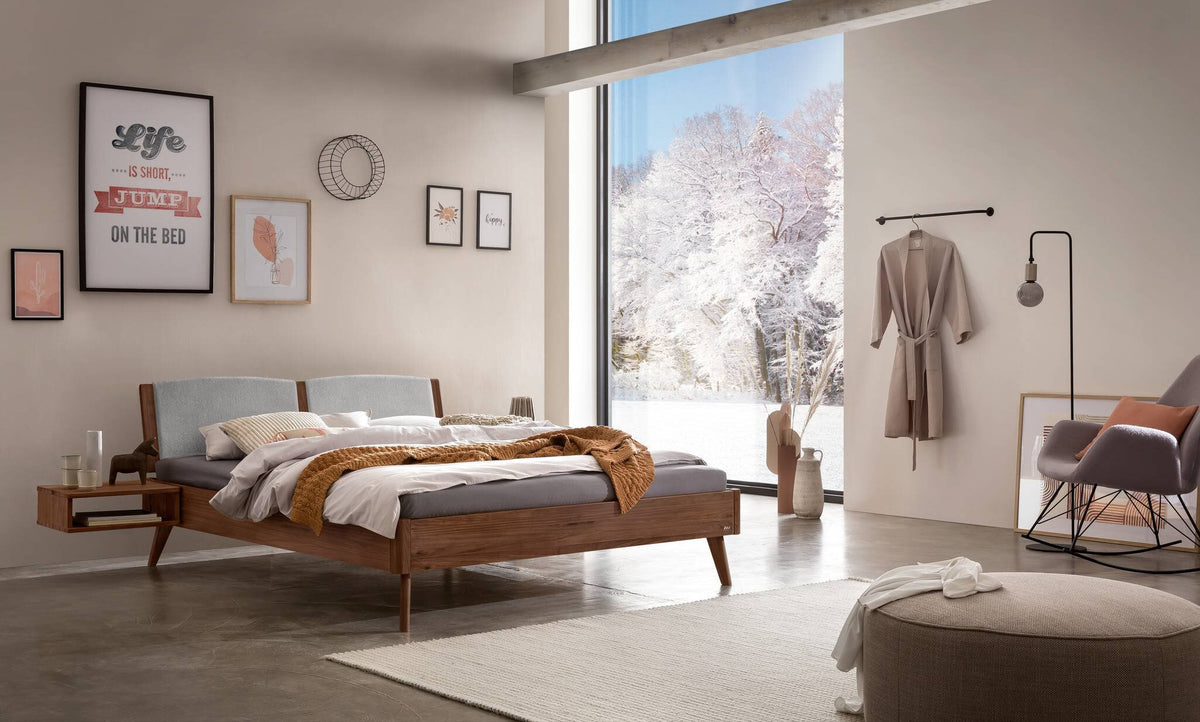 Hasena Fabro Bett mit Polsterkopfteil – 140 x 200 cm, Fusshöhe 25 cm, Nussbaum, geölt, 840-Pace light grey