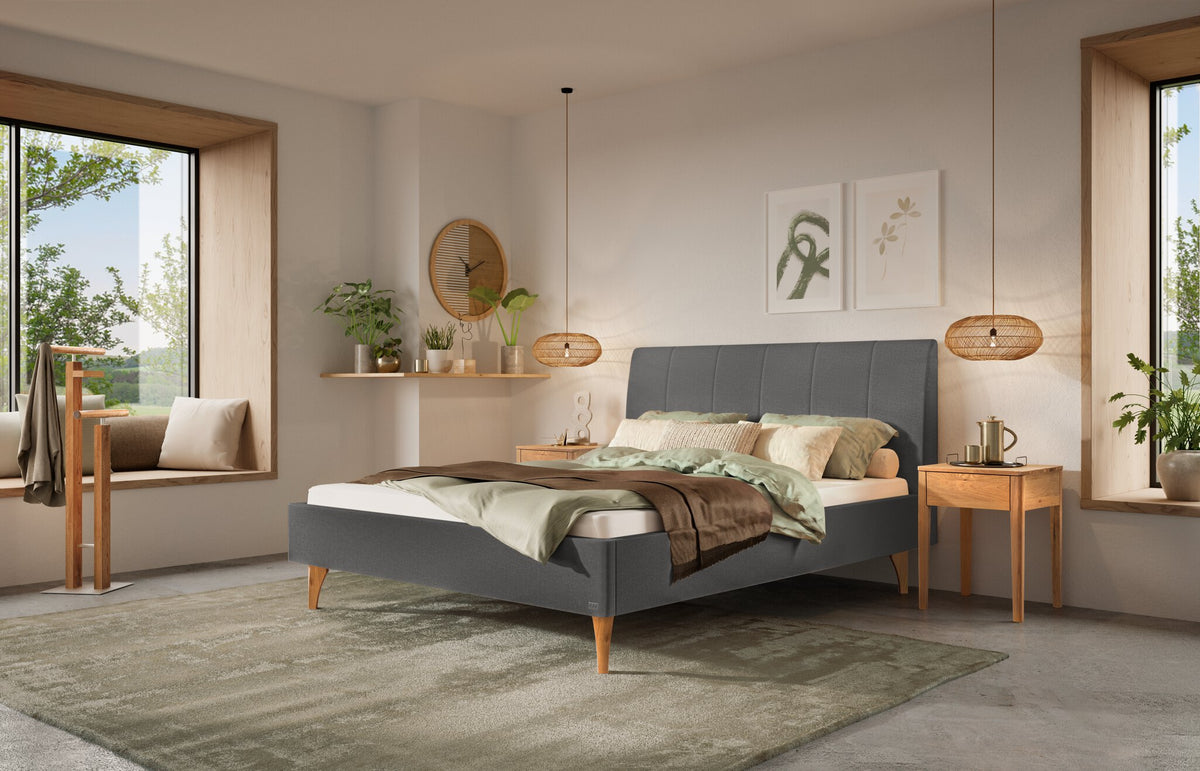 Hasena Elisa Polsterbett – 140 x 200 cm, Fusshöhe 25 cm, Wildeiche natur, geölt, Pace grey