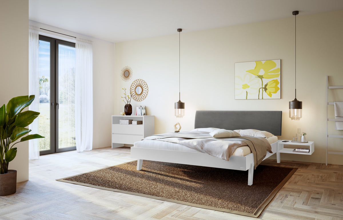 Hasena Lorenzo Bettgestell – 90 x 200 cm, Fusshöhe 25 cm, MDF weiss deckend, lackiert, Monet steel