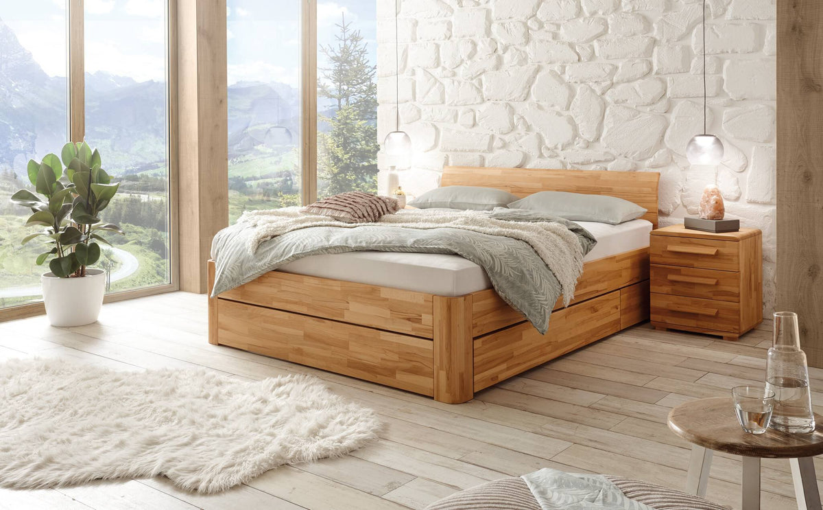 Hasena Stupendo Bett MDF mit Stauraum – 160 x 200 cm, Kernbuche natur, geölt, Folie, 12-Schwarz