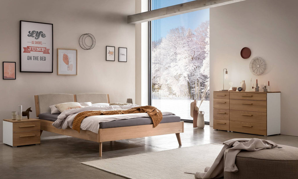 Hasena Fabro Bett mit Polsterkopfteil – 140 x 200 cm, Fusshöhe 25 cm, Eiche bright, geölt, 842-Pace sand