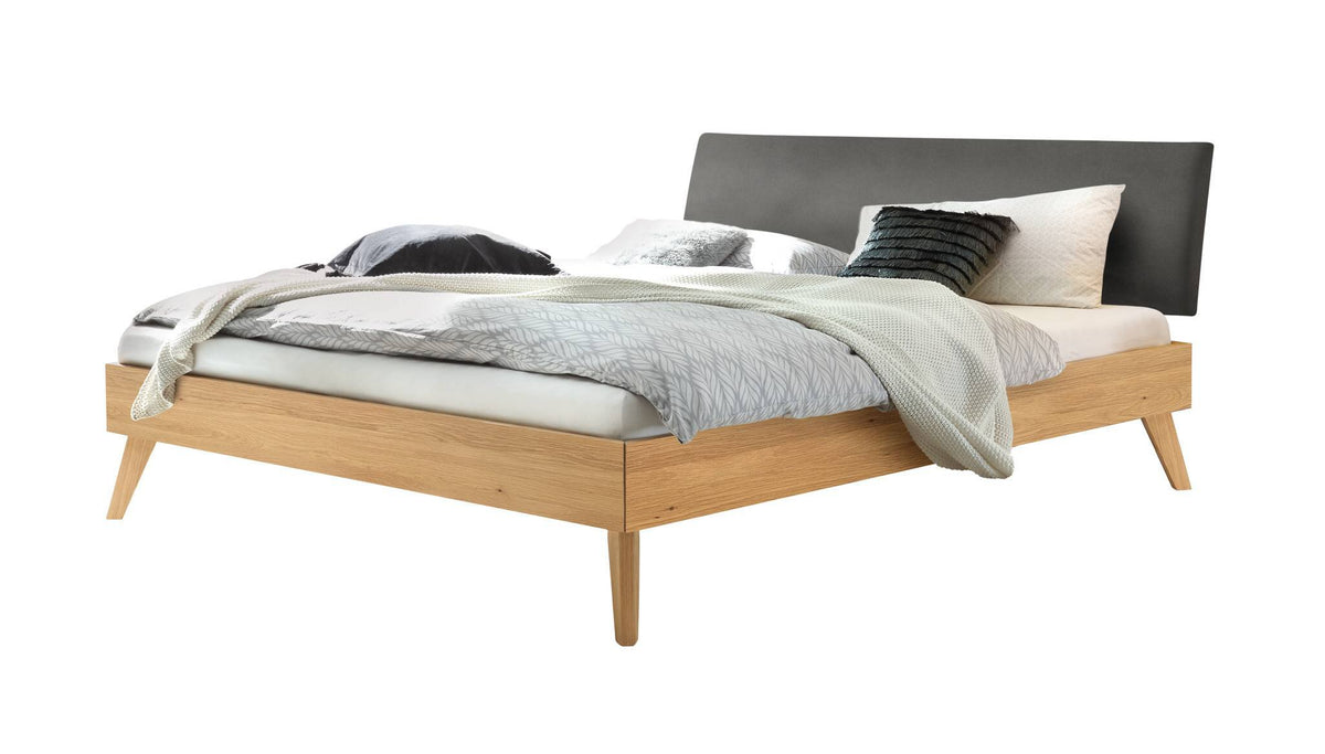 Hasena Pesaro Bett mit Polsterkopfteil – 90 x 200 cm, Fusshöhe 20 cm, Eiche bright, geölt, Monet steel