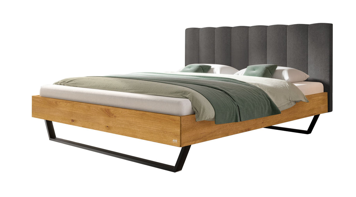 Hasena Elio Massivholzbett – 140 x 200 cm, Fusshöhe 20 cm, Wildeiche natur, geölt, Pace grey