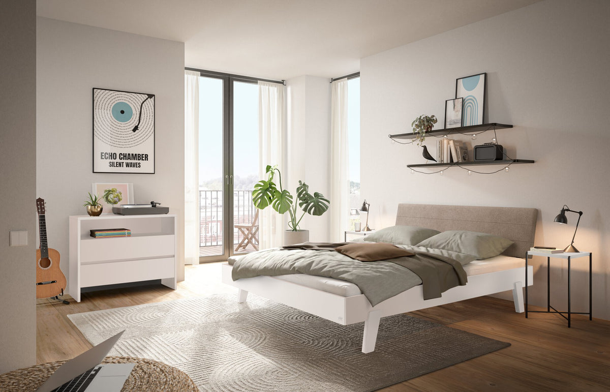 Hasena Vasto Bettgestell – 140 x 200 cm, Fusshöhe 25 cm, MDF weiss deckend, lackiert, Pace sand