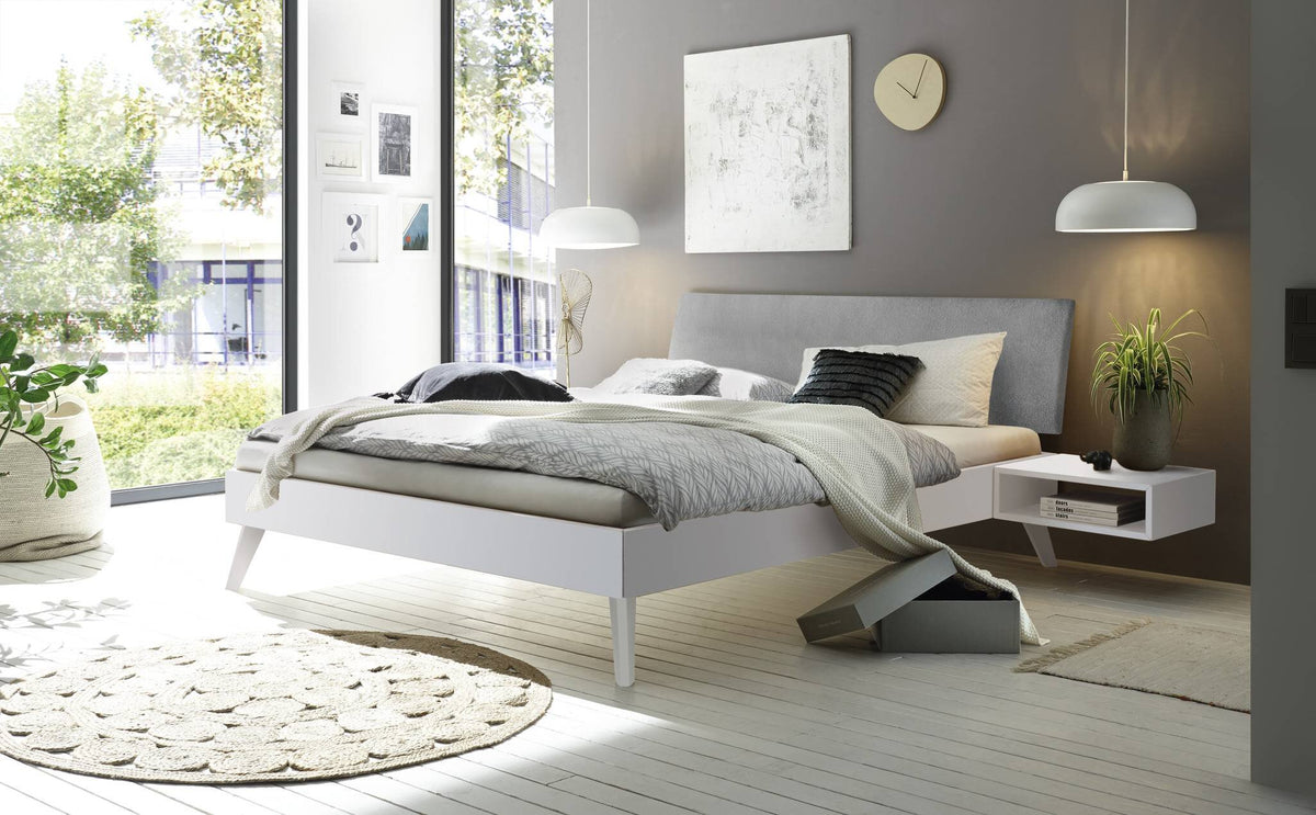 Hasena Pesaro Bett mit Polsterkopfteil – 90 x 200 cm, Fusshöhe 25 cm, MDF weiss deckend, lackiert, Pace light grey