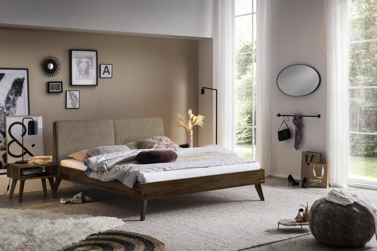 Hasena Simone Bett mit Polsterkopfteil – 140 x 200 cm, Fusshöhe 25 cm, Nussbaum, geölt, Pace grey