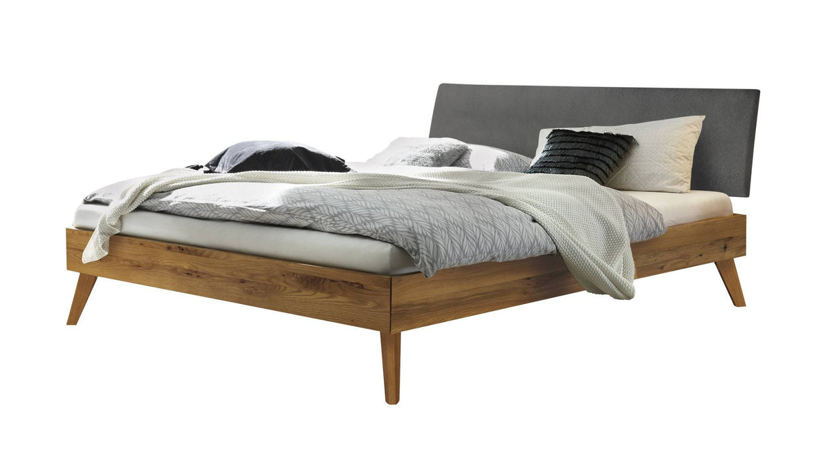 Hasena Pesaro Bett mit Polsterkopfteil – 90 x 200 cm, Fusshöhe 20 cm, Wildeiche natur, geölt, Pace grey