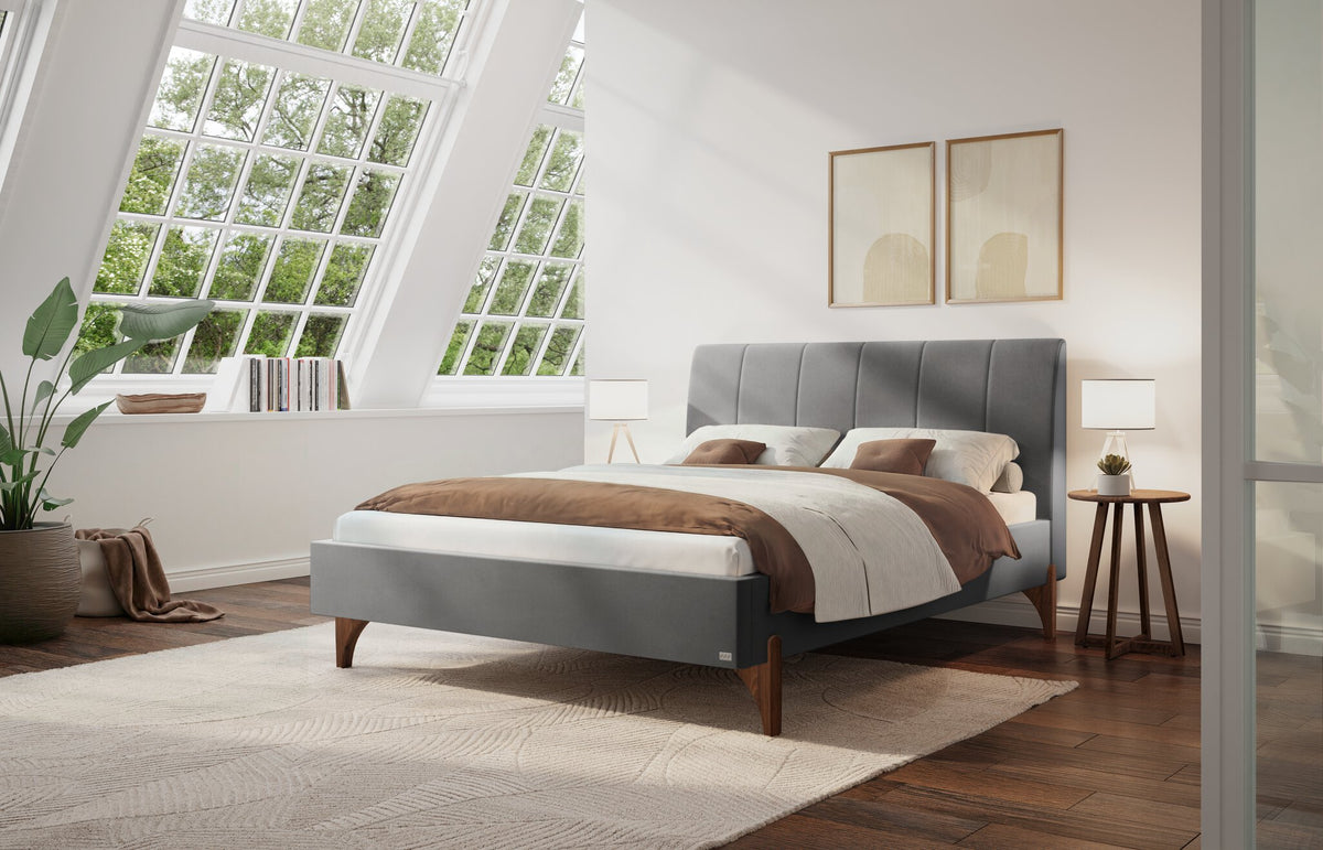 Hasena Renata Polsterbett – 140 x 200 cm, Fusshöhe 25 cm, Nussbaum, geölt, Monet steel