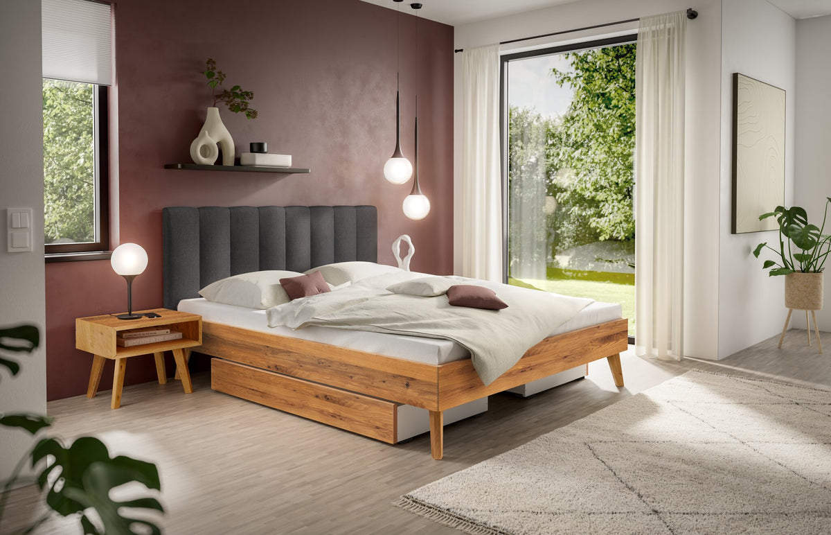 Hasena Taliana Massivholzbett mit Polsterkopfteil – 140 x 200 cm, Fusshöhe 25 cm, Wildeiche natur, geölt, Pace grey