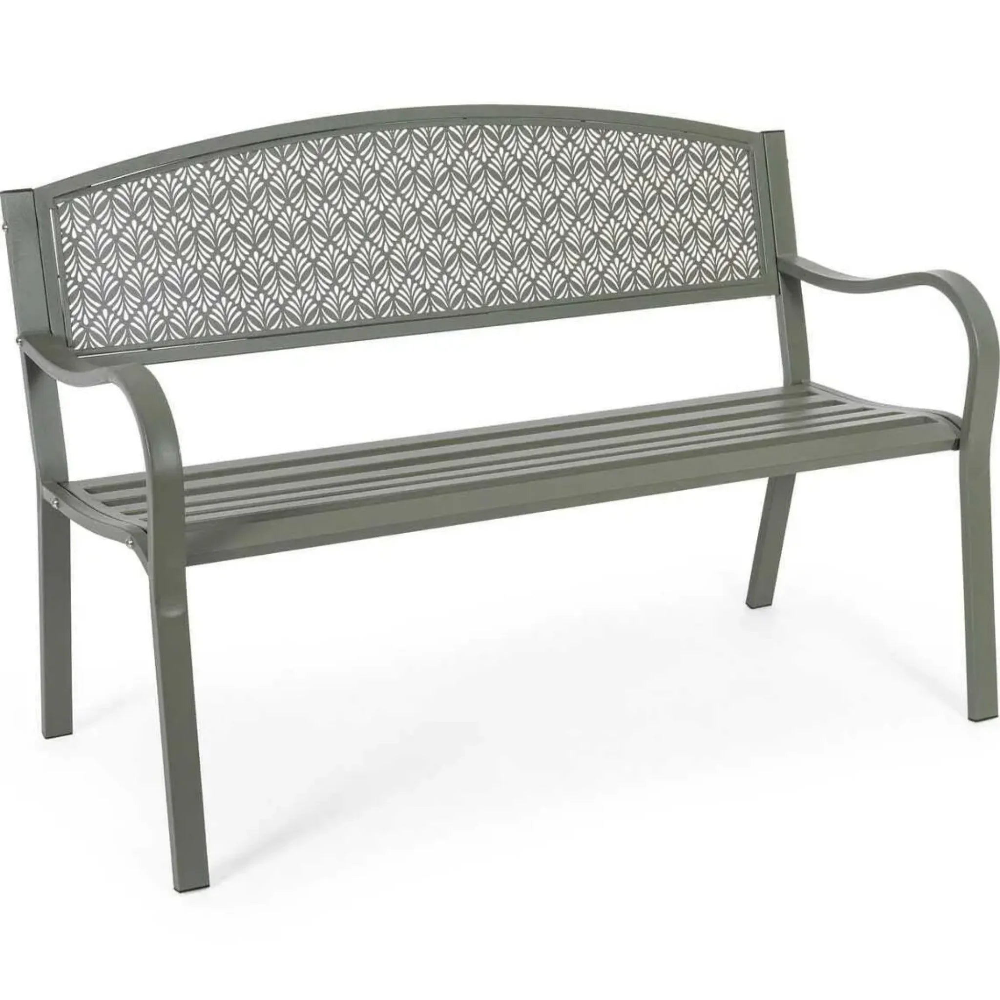 Gartenbank Lizette Dark Olive - robuste Metall-Sitzbank mit dekorativem Rückenlehnen-Muster für Garten und Terrasse