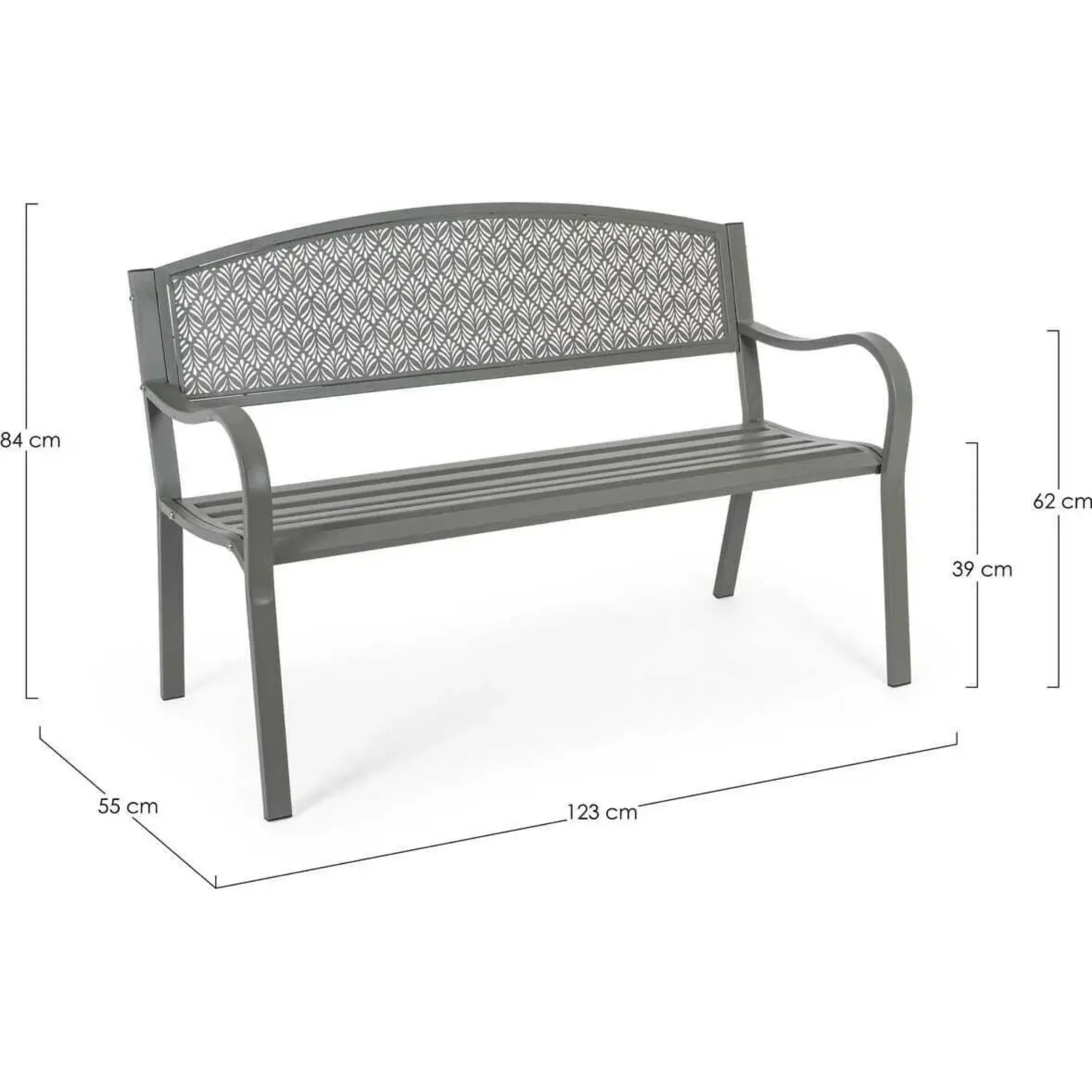 Gartenbank Lizette Dark Olive - 123cm breite Metall-Parkbank mit Rückenlehne, grau, 84cm hoch