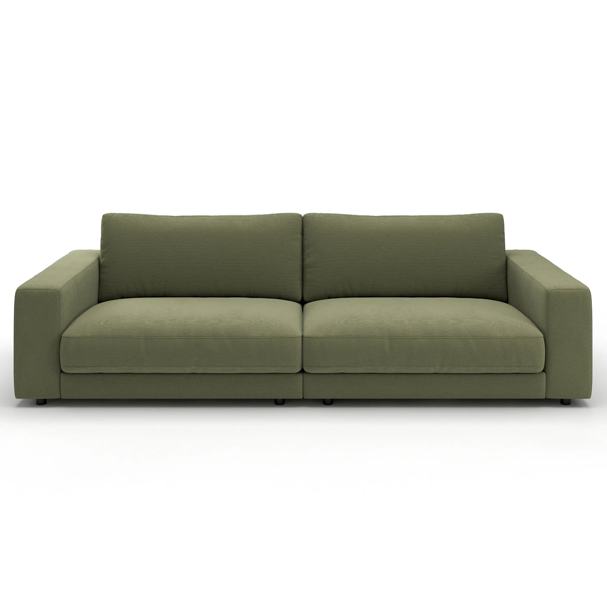 Modernes 2er Sofa in Moosgrün mit Feincord-Bezug, großzügige Sitzfläche, zeitloses Design für Wohnzimmer.