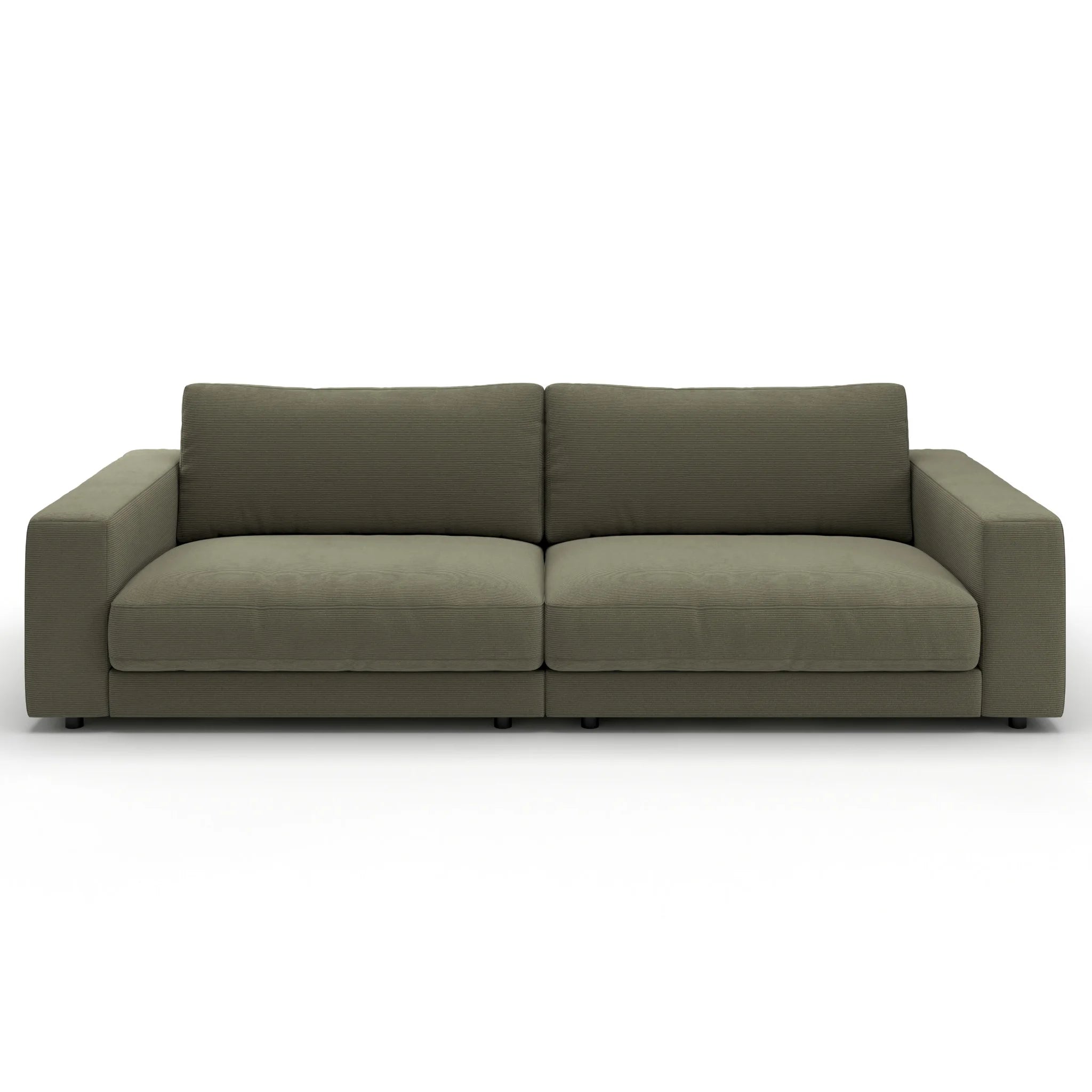 Modernes 2-Sitzer Sofa in Olivgrün mit Feincord-Bezug, zeitloses Design für stilvolles Wohnen.