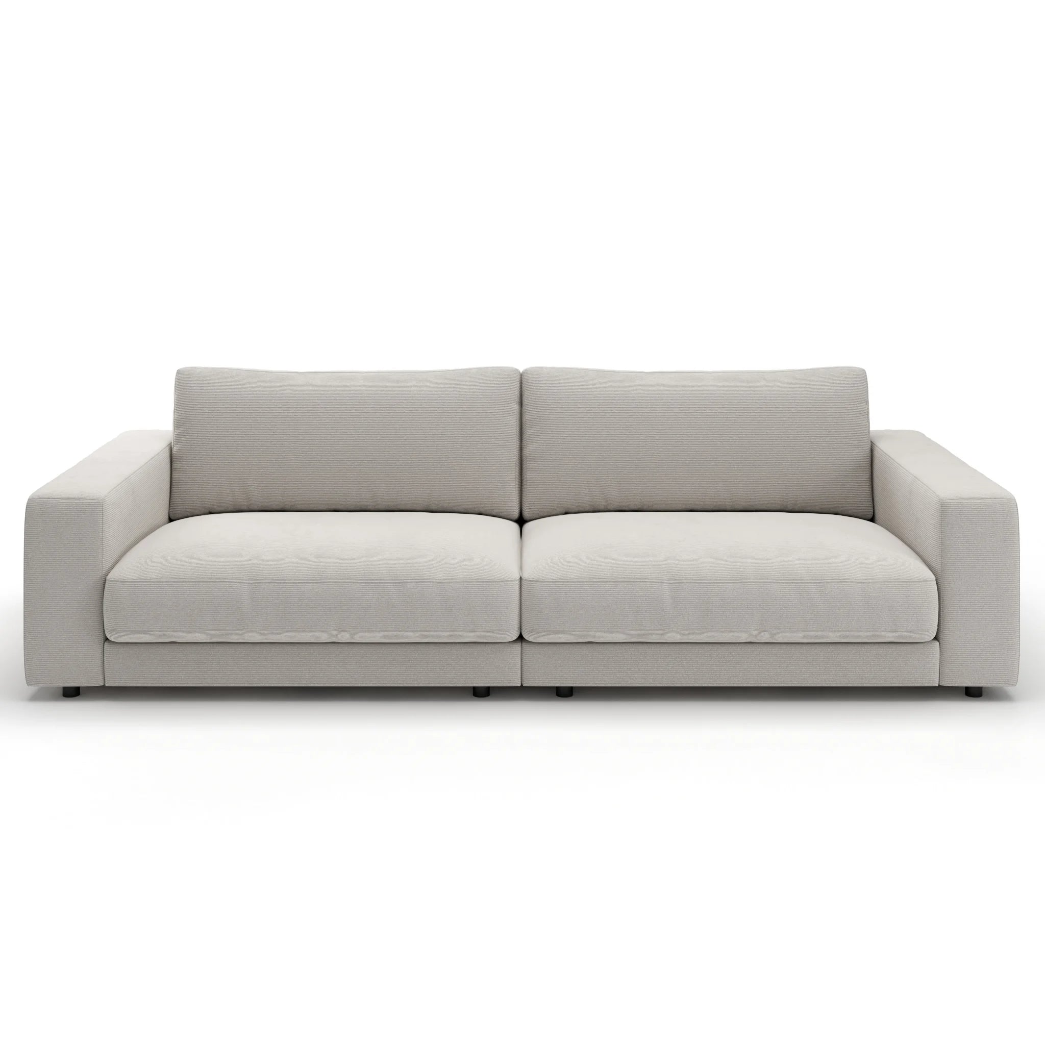 Modernes Sofa in Weiß mit Feincord-Bezug, zwei Sitzplätze, minimalistisches Design, Schweizer Möbelqualität.