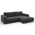 Graues Ecksofa mit Longchair, modernes Design, Feincord-Polsterung, Anthrazit-Farbe, hochwertige Schweizer Möbel.