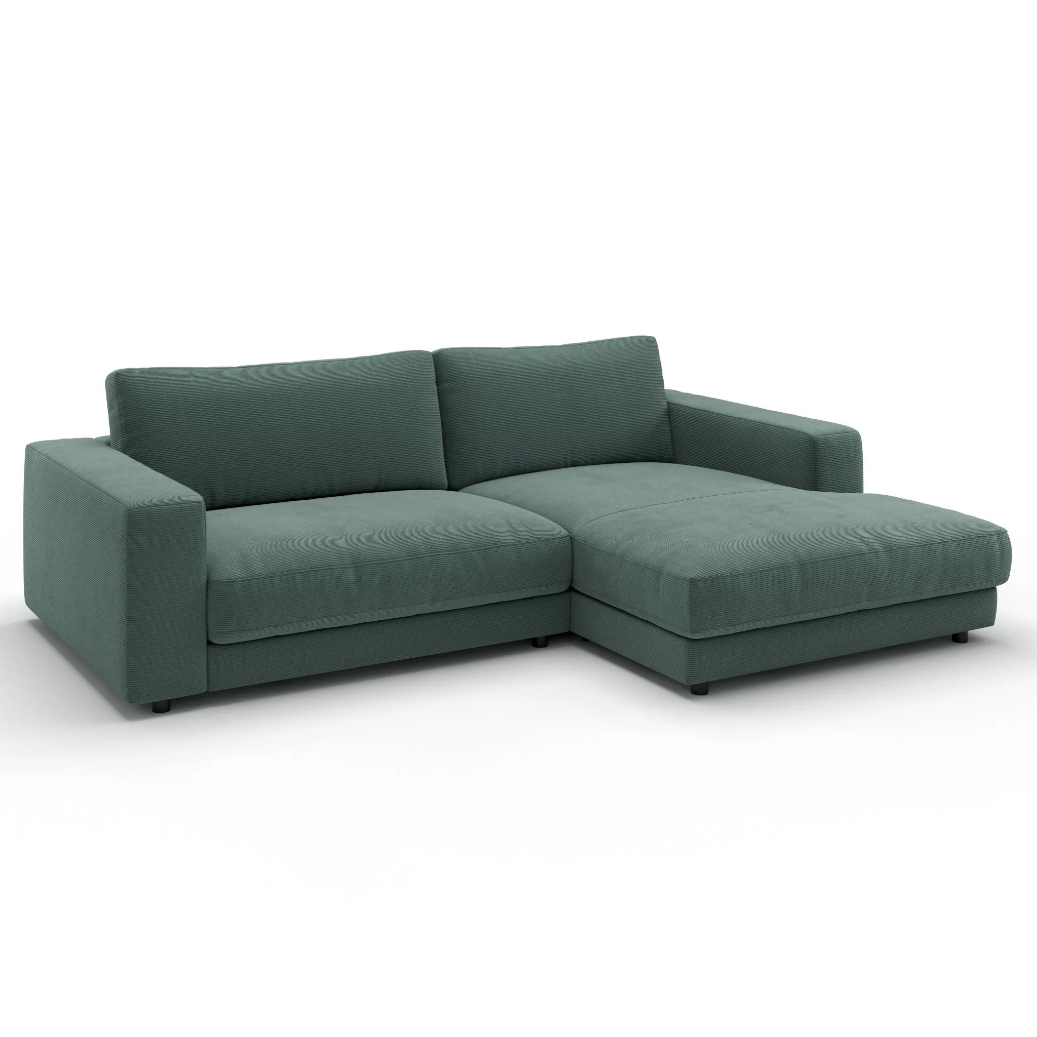 Grünes Ecksofa mit Longchair aus Feincord, modernes Design, hochwertige Polstermöbel für Wohnzimmer