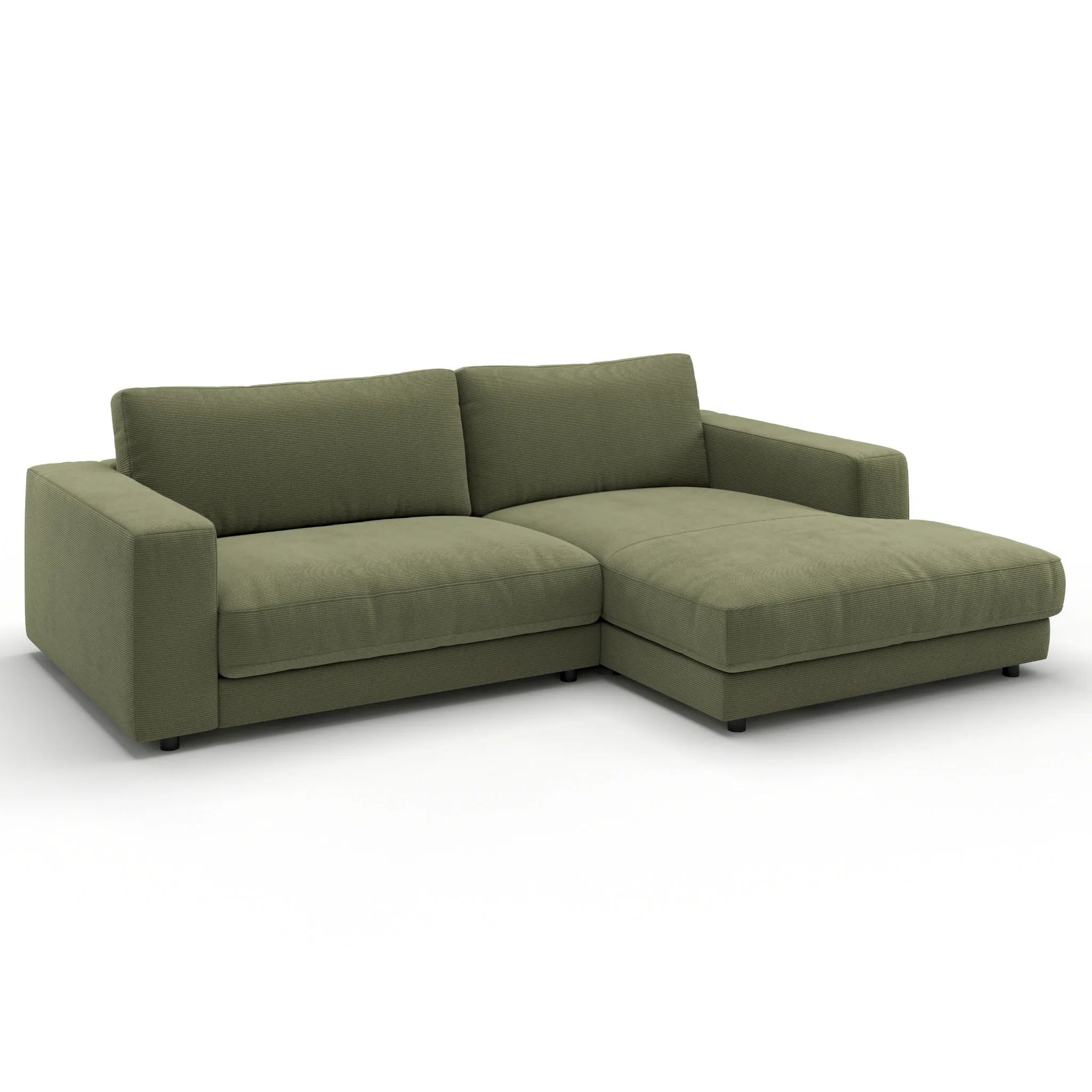 Grünes Ecksofa aus Feincord mit modernem Design, perfekt für stilvolles Wohnen und gemütliche Entspannung.