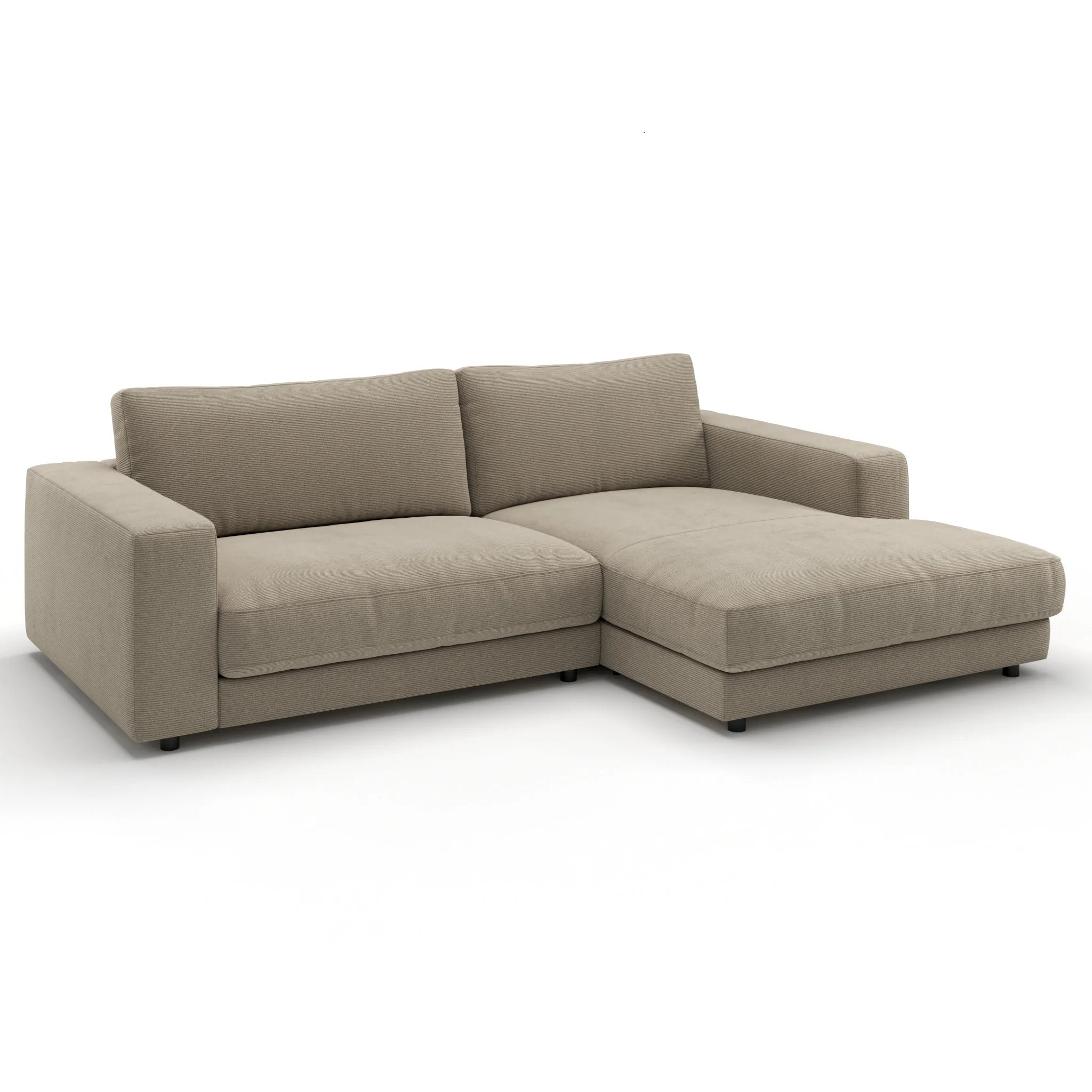 Moderne Eckcouch in Sand aus Feincord - stilvolles Sofa mit Longchair für gemütliche Wohnzimmer.
