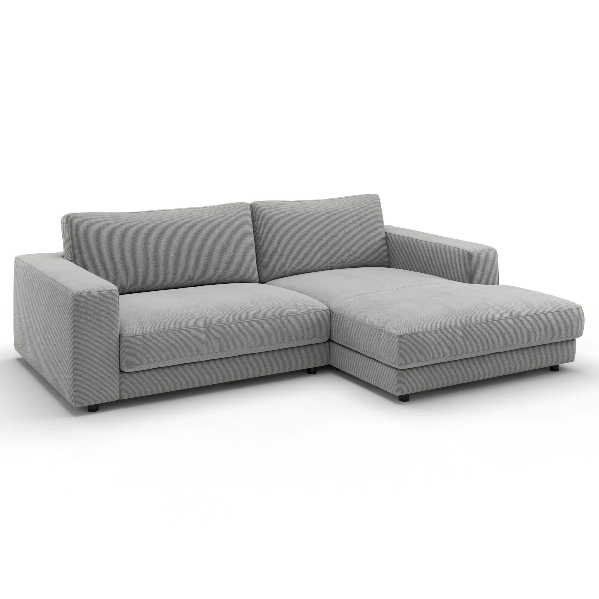 Graues Ecksofa mit Longchair, modernes Design, hochwertiger Feincord-Stoff in Silber, perfekt für Wohnzimmer.