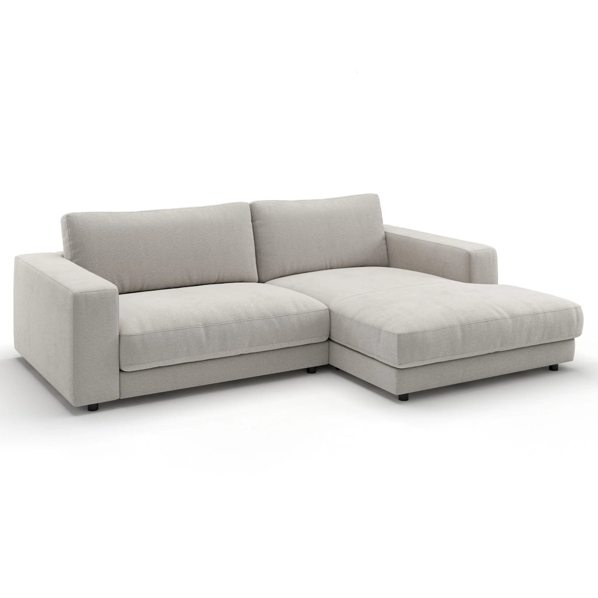 Moderne L-förmige Eckcouch in Hellgrau, Designersofa mit Longchair, hochwertiges Polstermöbel für Wohnzimmer.