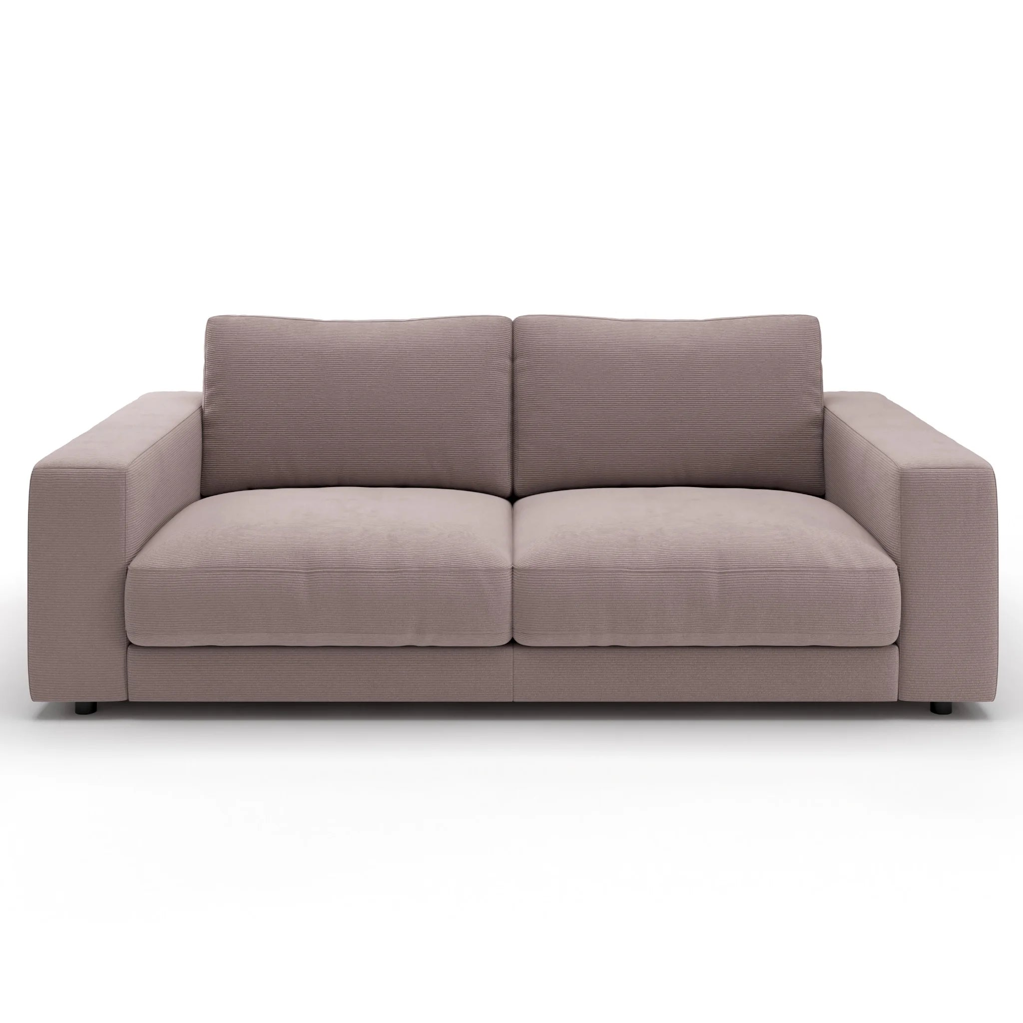 Modernes 2-Sitzer Sofa in Altrosa aus Feincord, elegantes Design mit breiten Armlehnen, perfekt für stilvolles Wohnen.