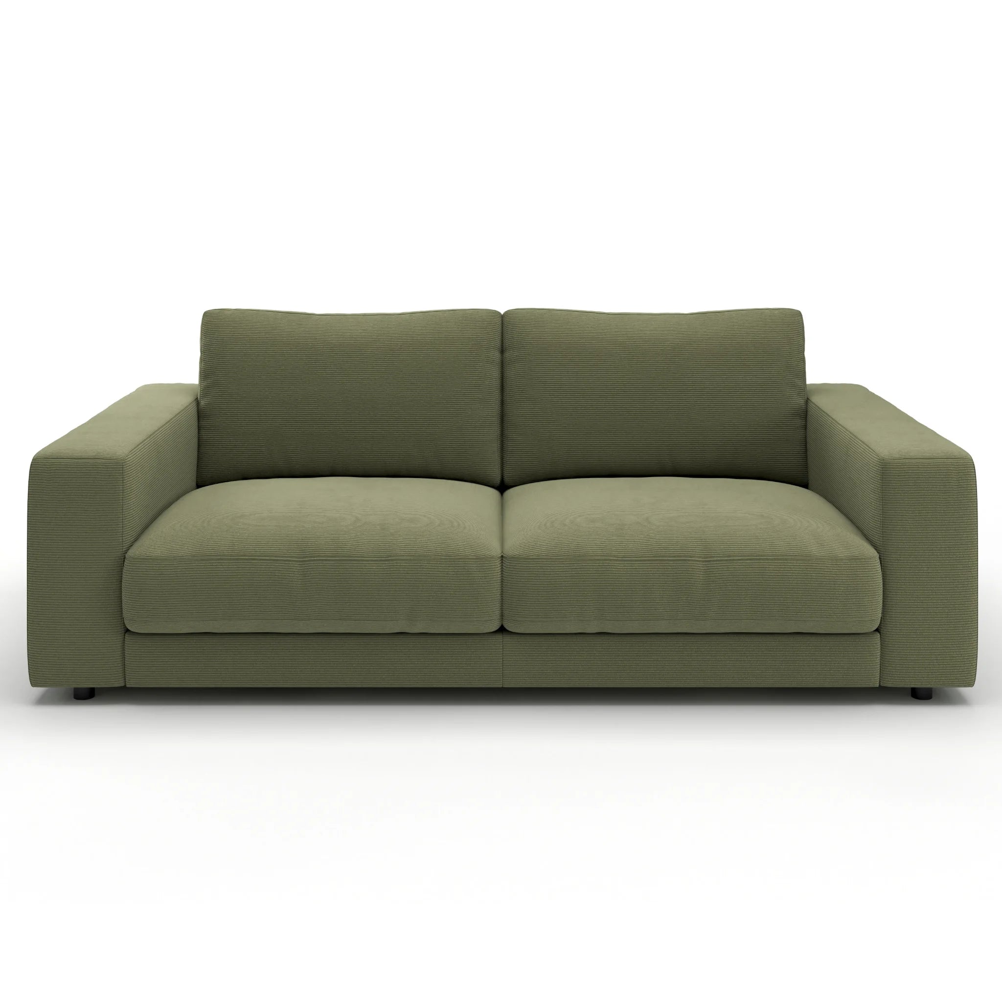 Modernes 2-Sitzer Sofa in Moos-Grün mit Feincord-Bezug, hochwertige Schweizer Möbelqualität.