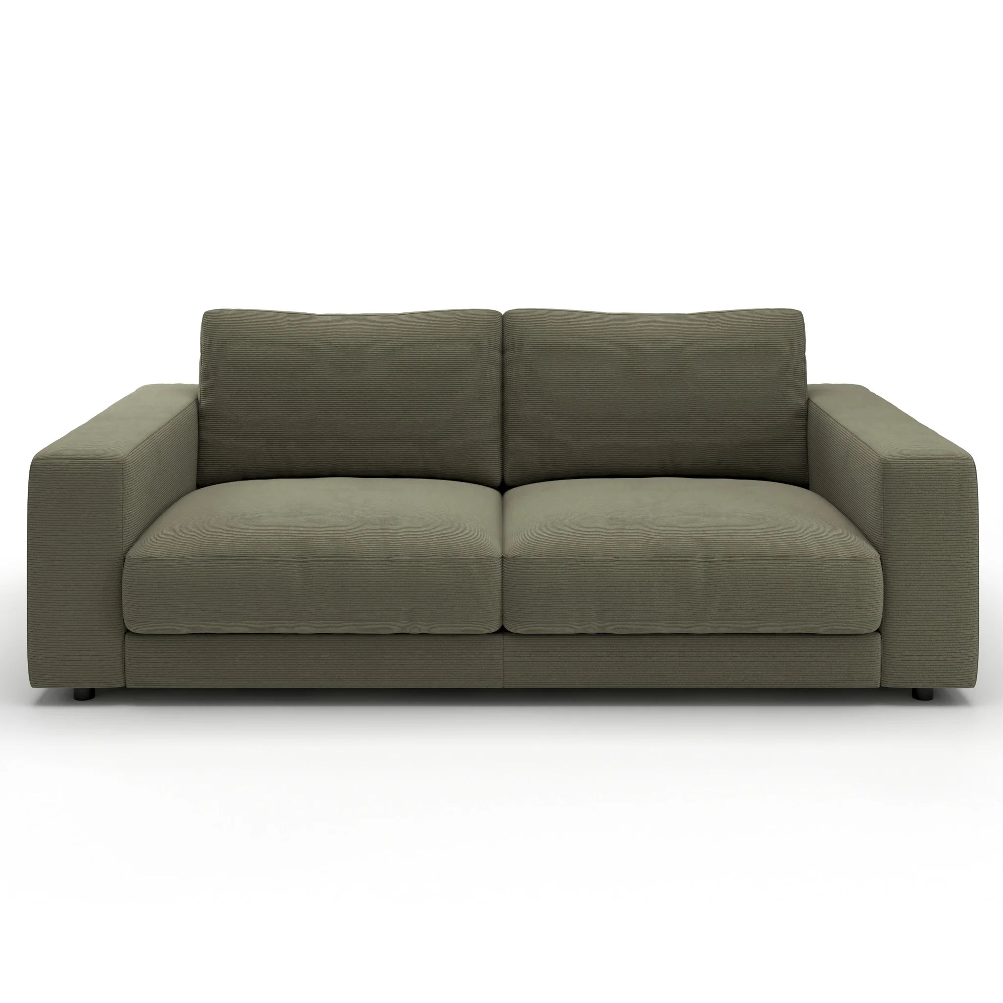 Modernes Sofa in Olivgrün mit zwei Sitzplätzen, hochwertige Polstermöbel aus Feincord-Stoff, elegantes Design für zeitgemäße 