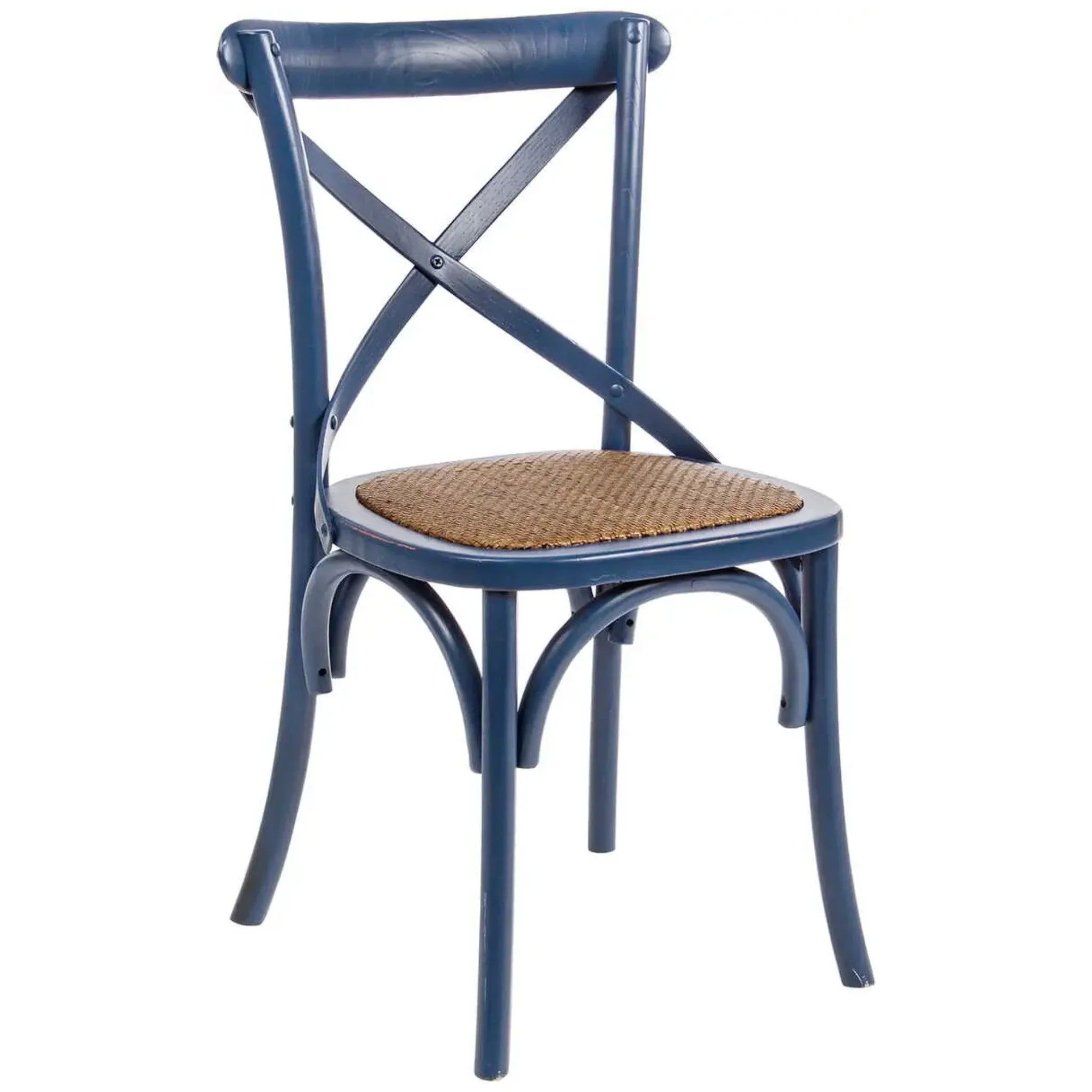 Holzstuhl Cross in Blau mit Rattansitz - hochwertiger Designerstuhl für Esszimmer und Küche