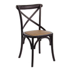 Schwarzer Holzstuhl mit Kreuzlehne und Rattan-Sitzfläche, klassisches Design für Küche und Esszimmer.