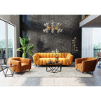 Stilvolles Wohnzimmer-Set: Orangefarbenes Samt-Sofa mit 2 Sesseln, schwarzem Couchtisch und Sputnik-Kronleuchter