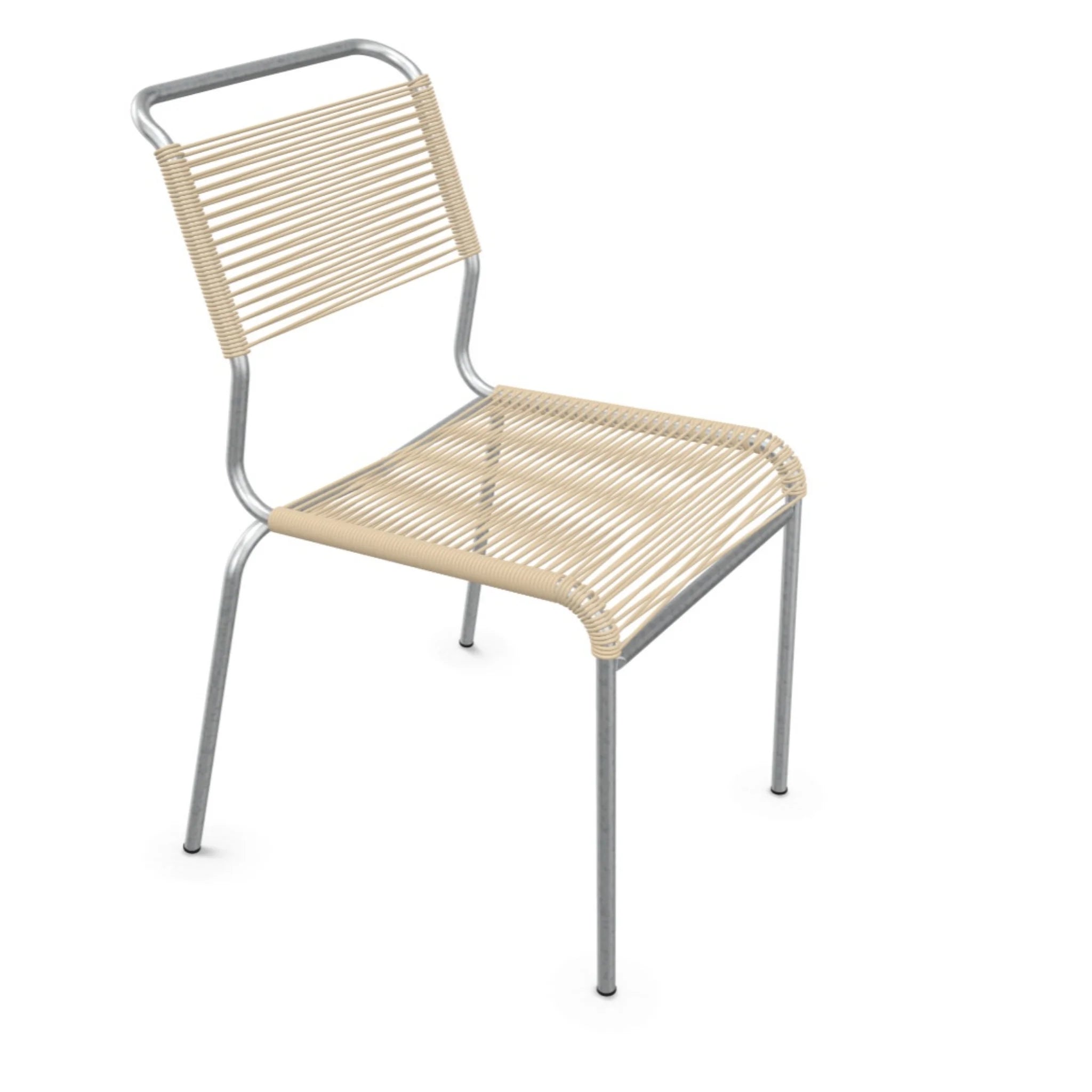 Moderne Stuhl aus Metall und Kunststoff in Pastellbraun - zeitloses Design für Garten und Innenraum.