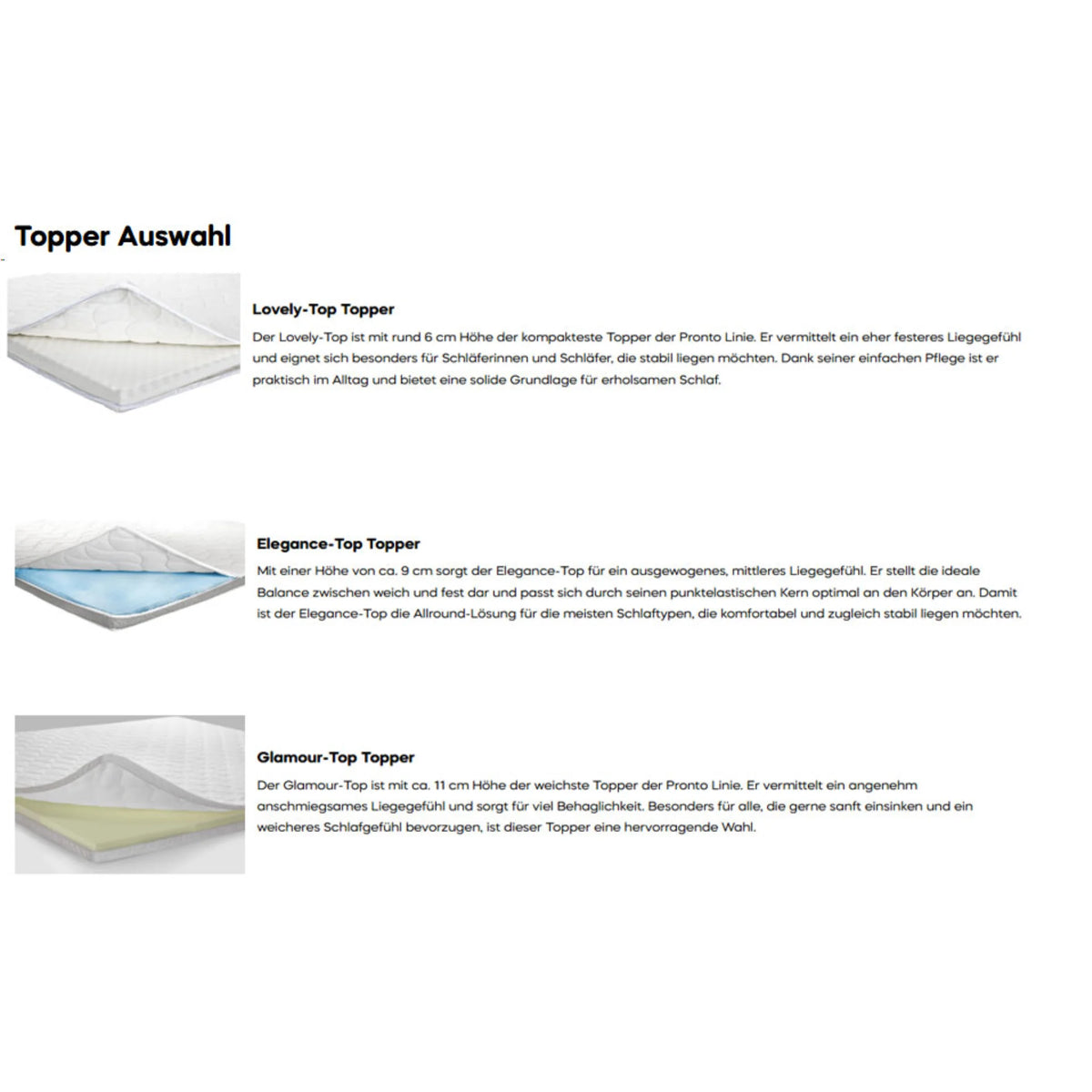 Topper Auswahl: Lovely-Top, Elegance-Top und Glamour-Top Topper für optimalen Schlafkomfort