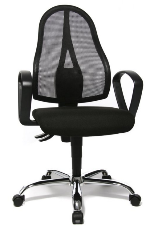 Schwarzer Bürostuhl mit Netzrücken, Armlehnen und Chromstern-Rollen – ergonomischer Drehstuhl für Home Office
